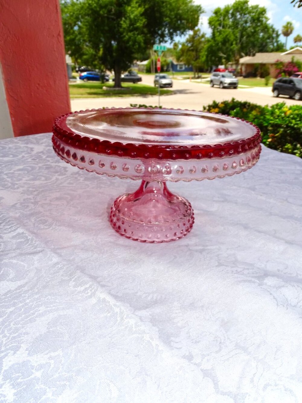 LE Smith Vintage Pink Hobnail Glass Pedestal Cake Stand Rare